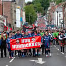 FOYLE CUP PARADE. . . . .The colourful 2026 O'Neills Foyle Cup Parade makes its way down Great James Street, Derry  on Monday morning.