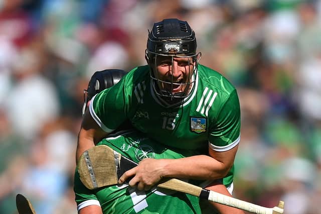 Peter Casey celebrates Limerick's latest All-Ireland triumph with Gearóid Hegarty | PICTURE: Stephen McCarthy/Sportsfile