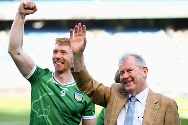 Businessman JP McManus and Limerick captain Cian Lynch celebrate after the GAA Hurling All-Ireland Senior Championship Final match between Galway and Limerick at Croke Park in Dublin
Picture: Ramsey Cardy/Sportsfile