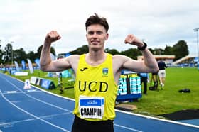 Longford's Cian McPhillips in his UCD club singlet after winning in the men's 800m final during day two of the 123.ie National Senior Track & Field Championships 2026 at Morton Stadium in Dublin