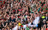 Mayo captain Jack Coyne lifts the Sam Maguire Cup after the GAA Football All-Ireland Senior Championship final match between Kerry and Mayo at Croke Park in Dublin.  Photo by David Fitzgerald/Sportsfile