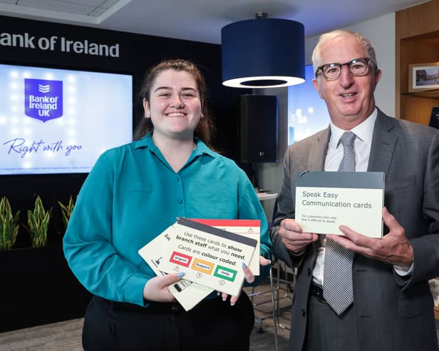 Rebecca Lynch, Belfast City Branch with George Higginson, Managing Director, Everyday Banking, Bank of Ireland UK launching Speak Easy Cards which are now available to customers across Bank of Ireland’s branch network.