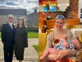 Rebecca Robinson with her husband James (left picture) vs Rebecca Robinson with her daughter while undergoing cancer treatment (right picture)