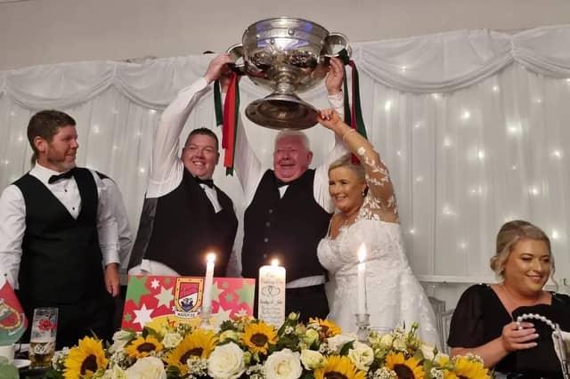 Sam Maguire made a surprise appearance at the wedding of John Meers and Dorothy Crean in Belmullet.