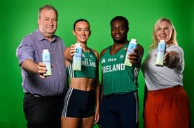 Ciara Neville and Bori Akinola with HyGo water partners during an Athletics Ireland European Championships kit day and media at the Sport Ireland Institute in Dublin. Photo by Sam Barnes/Sportsfile