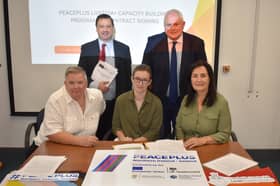 (L-R) Bernardine Quinn, Outcomers; Paul McGuill, Louth County Council; Lorna Costello, Outcomers; David Conway, Chief Executive of Louth County Council; and Cllr Dolores Minogue, Cathaoirleach of Louth County Council; at the contract signing for the delivery of the PEACEPLUS LGBTQIA+ Capacity Building Programme