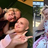 Kaitlyn and her mother Angharad, left, and smiling, right