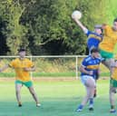 Battling for the kickout during Friday's Connacht Gold Leitrim SFC clash between Aughawillan and Ballinamore Sean O'Heslins Picture: Willie Donnellan