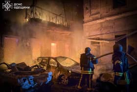 Emergency services work to extinguish a fire in Odesa, Ukraine