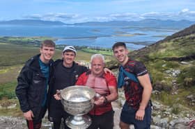 Limerick man Pronsías MacMathúna met Mayo players John MacMonagle, Enda Hession and Jack Coyne on Croagh Patrick with Sam Maguire this afternoon.