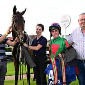 Pictured are winning connections of Walkingmayotomilan who claimed victory at Ballinrobe on Monday evening. Pic: Healy Racing