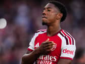 Arsenal’s Myles Lewis-Skelly celebrates after scoring against Como