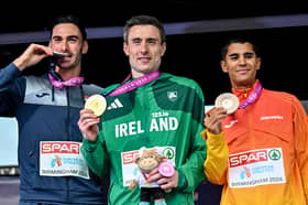  Medallists in the men's 800m, from left, silver medallist Marino Bloudek of Croatia, gold medallist Mark English of Ireland and bronze medallist Mohamed Attaoui of Spain  