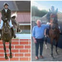 Left: Derek McCoppin competing on Explosief's Legacy in the Defender Puissance at the Gallagher Dublin Horse Show at the RDS. Right: Derek McCoppin, with his parents Ned and Margaret, and Explosief's Legacy after he finished third in the Defender Puissance at the Gallagher Dublin Horse Show