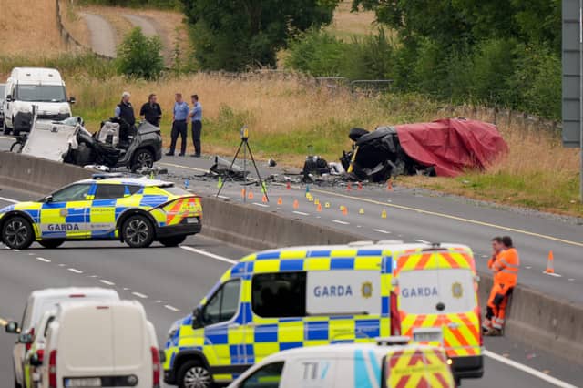 The scene on the M9 northbound at Junction 3 in Co Kildare, where five people have died and others have been seriously injured