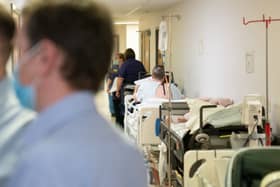 Hospital beds in a corridor