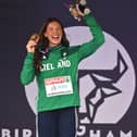 Dundalk's Kate OConnor celebrates after being presented with her gold medal from the women's heptathlon during day seven of the European Athletics Championships 2026 at Alexander Stadium in Birmingham, England. Photo by Sam Barnes/Sportsfile