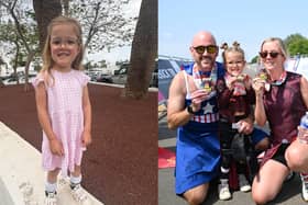 Maeve Bisset, left, and, right, with parents Dan Bisset and Lindsey Troy