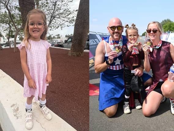 Maeve Bisset, left, and, right, with parents Dan Bisset and Lindsey Troy