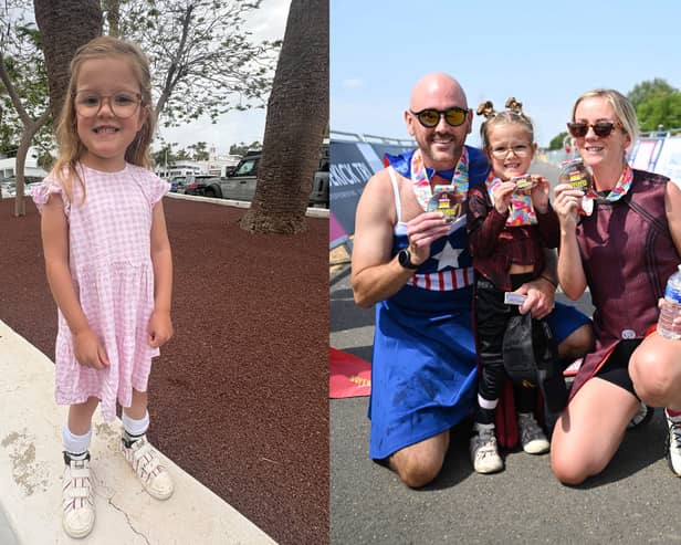 Maeve Bisset, left, and, right, with parents Dan Bisset and Lindsey Troy
