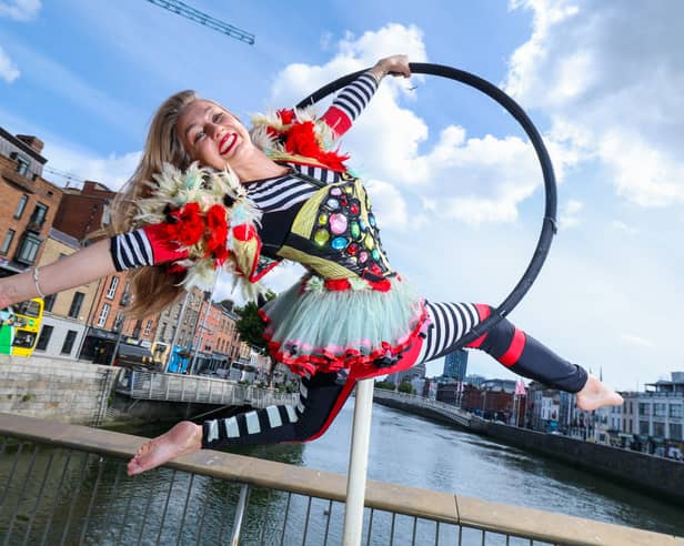 Earth Child aerialist above Millennium Bridge in Dublin