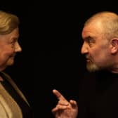 Brewery Lane Theatre Committee Chairman Barry Comerford performing a scene from Macbeth with Maria Clancy in The Human Condition at Brewery Lane Theatre in August. 