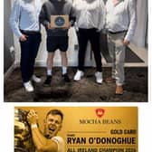 Mayo footballer Ryan O'Donoghue pictured receiving his special gold card from Mocha Beans in Ballina.