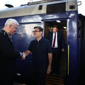 Ukraine’s foreign affairs minister Andrii Sybiha (left) welcomes Prime Minister Andy Burnham as he arrives by train in Kyiv