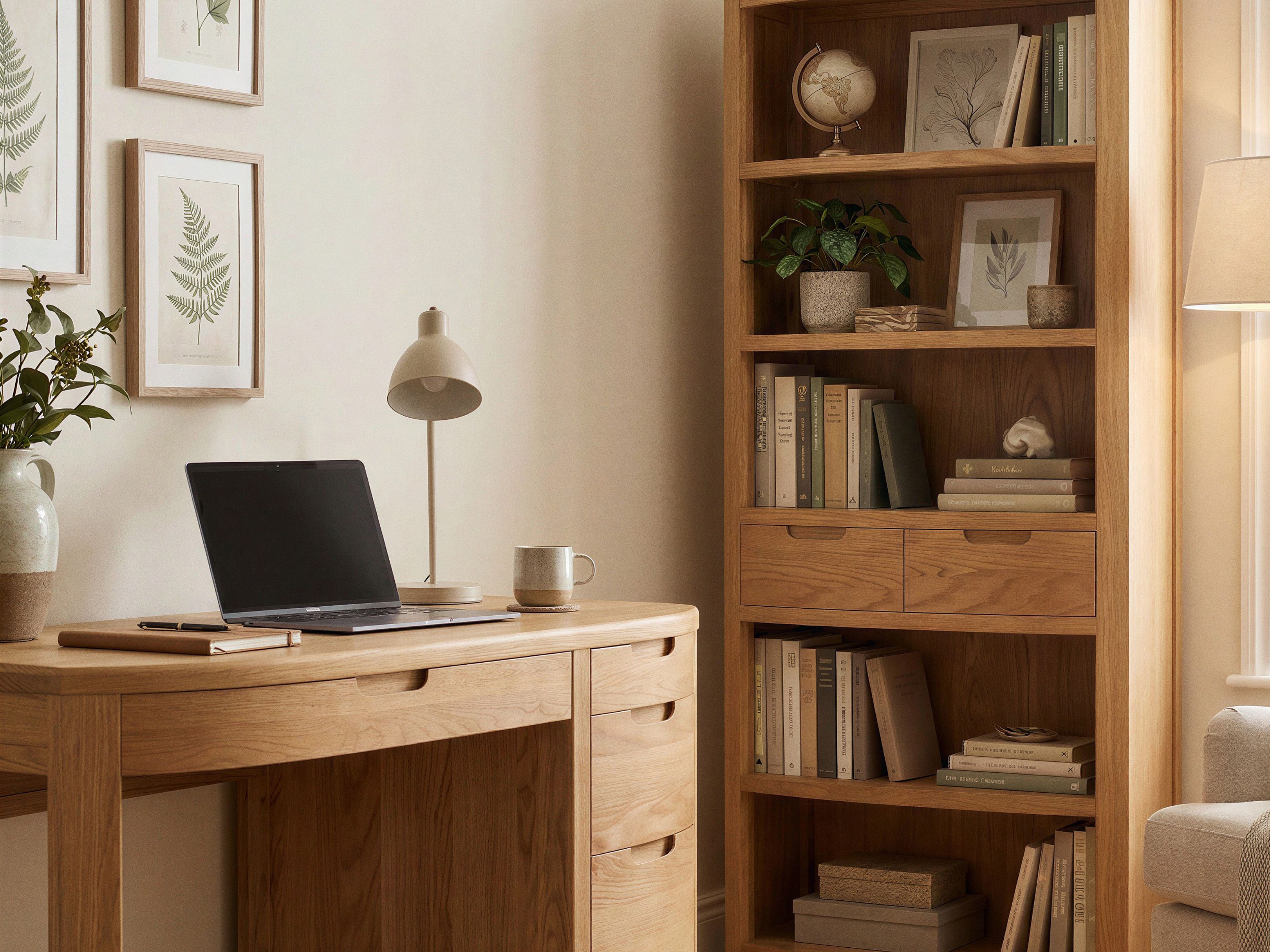 Somerton Curved Solid Oak Computer Desk; Somerton Curved Solid Oak Tall Bookcase, Oak & More