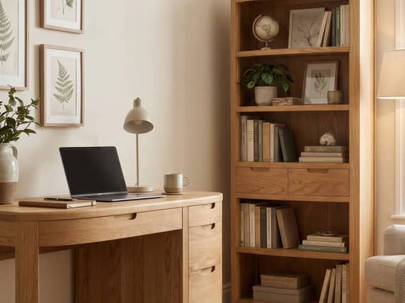 Somerton Curved Solid Oak Computer Desk; Somerton Curved Solid Oak Tall Bookcase, Oak & More