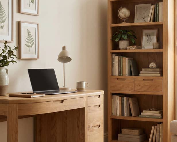 Somerton Curved Solid Oak Computer Desk; Somerton Curved Solid Oak Tall Bookcase, Oak & More