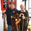 Michael Roche, Newport, with a selection of his handmade walking sticks, pictured with Michael Joyce. 