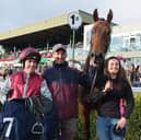 Leigh Roche on Only One Scobie, with trainer Paul Flynn, after he won the The T1 Healthcare Handicap at Killarney Racecourse 