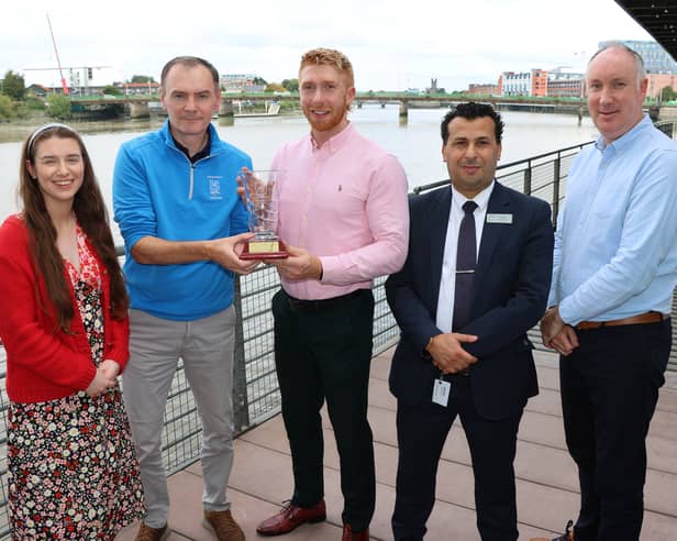 Limerick senior hurling captain, Cian Lynch receiving the Limerick Person of the Month award on behalf of the Limerick senior hurling team, also present are award sponsors, Kayley Hardiman, Limerick Leader, Dermot Breen of media agency Southern, Husam Ben Khalifa, Clayton Hotel and Jerome O'Connell, news editor, Limerick Leader
Picture: Adrian Butler