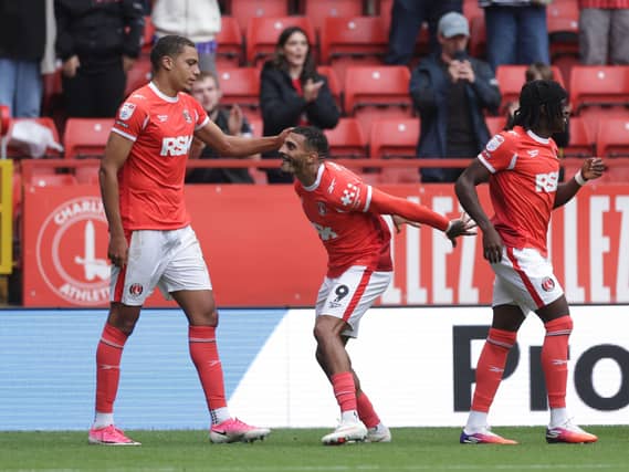 Charlton’s Karlan Grant (centre) celebrates scoring