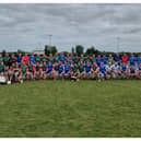 The Laois and Mayo Masters teams after their semi-final in Roscommon