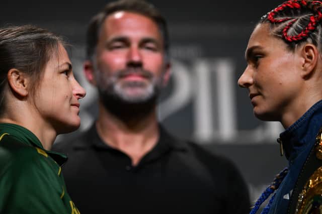 Katie Taylor and Flora Pili face-off during a press conference