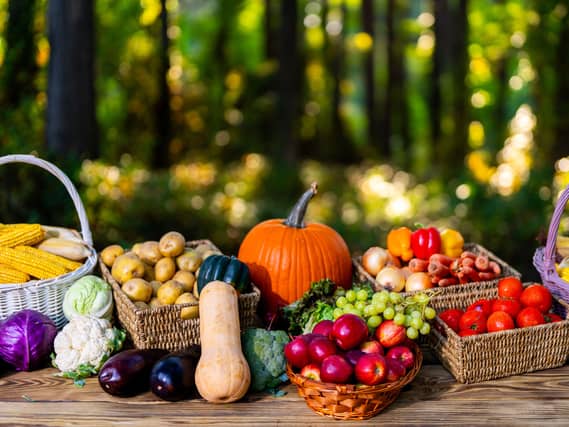 Fresh autumnal fruit and vegetables laud out on a wooden table outside