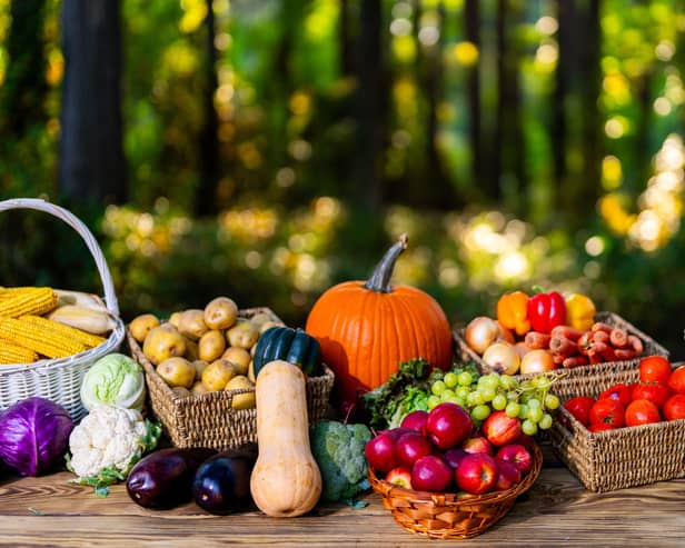 Fresh autumnal fruit and vegetables laud out on a wooden table outside