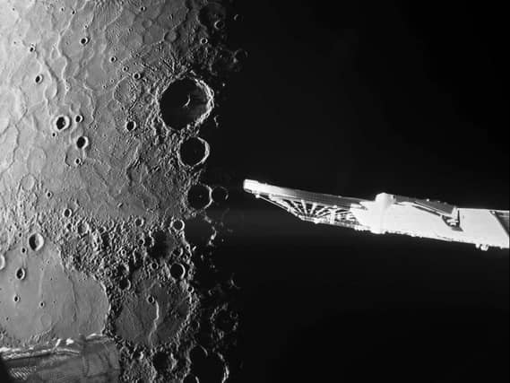 A close-up photo of Mercury’s north pole captured by the BepiColombo spacecraft