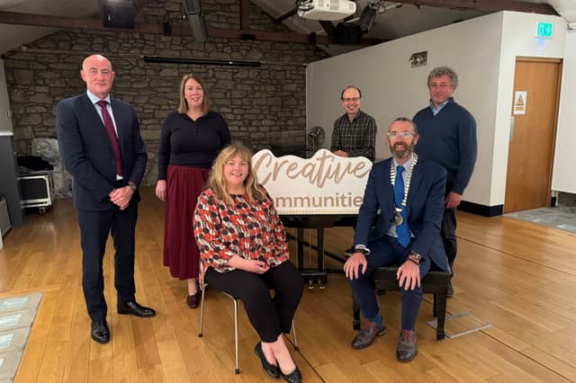 At the launch of the Drumlin Storytelling Festival 2026 were (L-R) Robert Burns, Chief Executive; Audrey Wilson, Creative Communities Engagement Officer; Deirdriú McQuaid, County Librarian & Head of Cultural Services; Francie McCarron, Storyteller in Residence; Cllr Aidan Campbell, Cathaoirleach, and Darren McCreesh, Acting Arts Officer