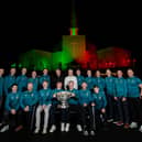 Fr Richard Gibbons and Archbishop Francis Duffy with members of the Mayo All-Ireland team and backroom members after a special thanksgiving prayer service at Knock Shrine yesterday evening. 