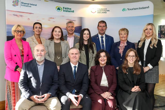 PIC SHOWS: (back row) Karen Henderson, Visit Derry; Catriona Cassidy, Triona; Joy Browne, Donegal County Council; Niamh Quinn, Hanna Hats; Micháel Naughton and Antoinette Coyle, both Clanree Hotel; Carolynne Murray, Shandon Hotel & Spa; (front row) Adrian O’Keeffe, Department of Enterprise, Tourism and Employment; Ciaran Doherty, Tourism Northern Ireland; Joan Crawford, Fáilte Ireland; and Etta Austin, Tourism Ireland, at the inaugural Shared Island tourism workshop in Derry.