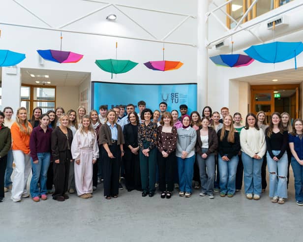 Dr Claire Lennon, Sarah Brown, Dr Harriet Bennett Lenane, Cathy Naylor (UHW), Nicola McGibney (Uniphar), Conor Booth (Clonmel Healthcare), David O'Grady (Sanofi), pictured with the first cohort of pharmacy students at SETU