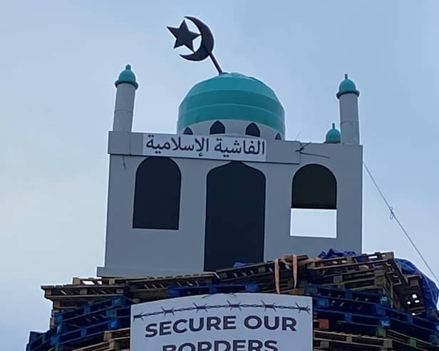 Mosque model on loyalist bonfire