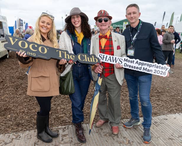 Sarah Montayno from Voca The Club (sponsor); most appropriately Dressed Lady, Catia Bandeiras from Lisbon and living in Dublin; most appropriately Dressed Gent. Ronan Kelly from Taughmacon, Co. Roscommon and Ger Osborne from sponsor Shaws at Ploughing 2026 in Screggan, Tullamore, Wednesday 16th September 2026.
Photo: Alf Harvey.