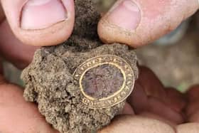 The 14th century Medieval gold seal ring of Matilda which was discovered by two metal detectorists on April Fool's Day 2024. (Aaron Pizzey/ PA)