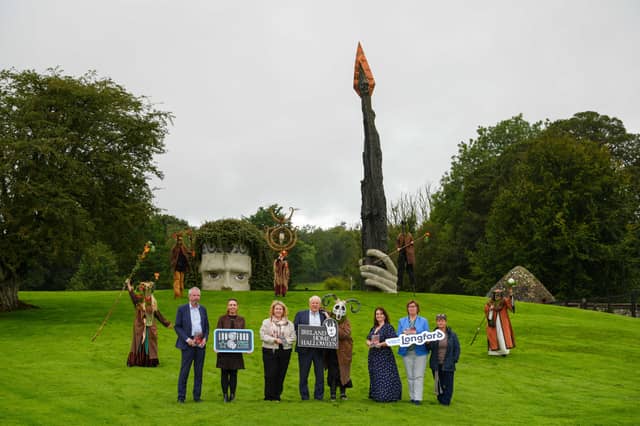 At the launch of Samhain in the Heartlands 2026 at Dún na Sí Amenity & Heritage Park, were from left: John Brannigan, Deputy Chief Executive, Longford County Council; Karen Reilly, Night-Time Economy Advisor; Denise Canavan, Tourism Officer, Longford County Council; Cllr Pat O’Toole; Steph Hanlon, Samhain performer; Janine Bartley, Samhain in the Heartlands Project Lead; Paula Mulry, Longford Libraries, Arts & Culture; and Patsy Preston, Artist in Residence. Picture: Barry Cronin