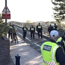 Police at Haslar Marina in Gosport, Hampshire after protesters arrived