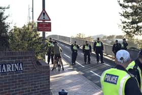 Police at Haslar Marina in Gosport, Hampshire after protesters arrived